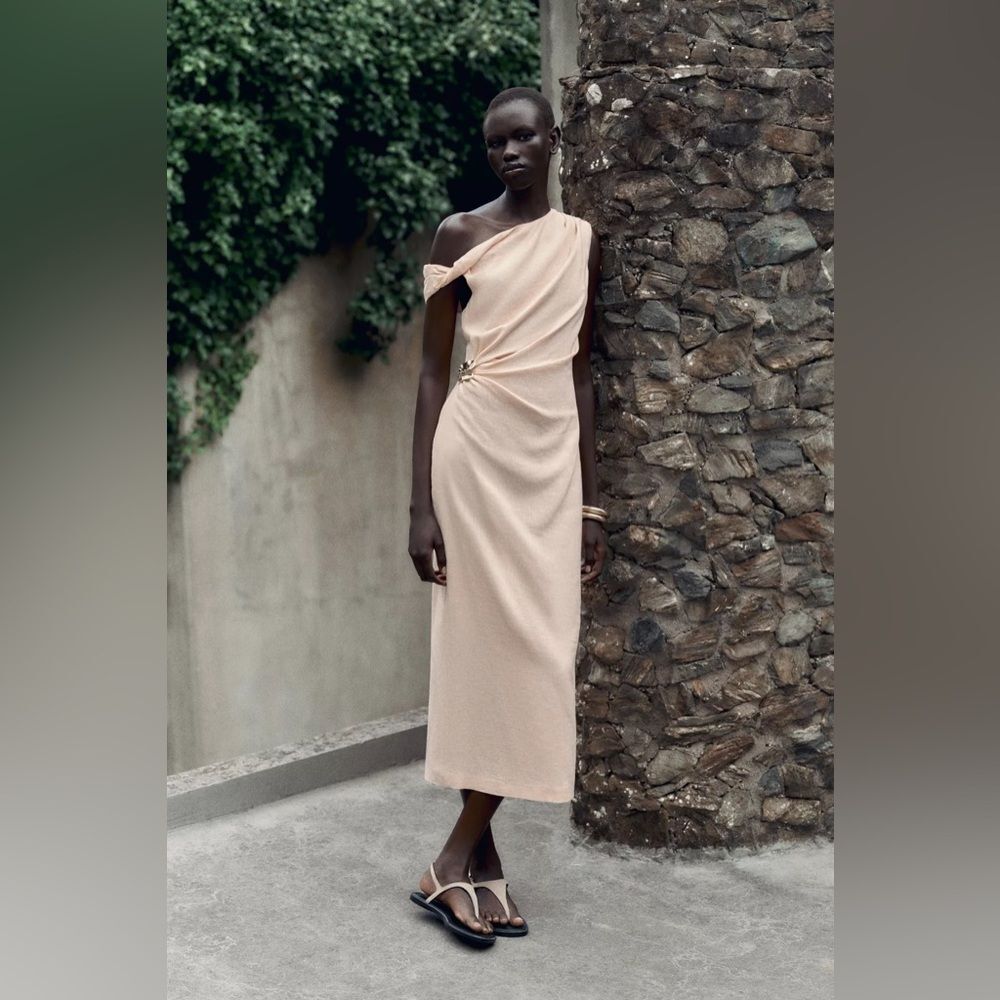 ZARA ASYMMETRIC LINEN-BLEND MIDI DRESS WITH APPLIQUÉ - Picture 5 of 10